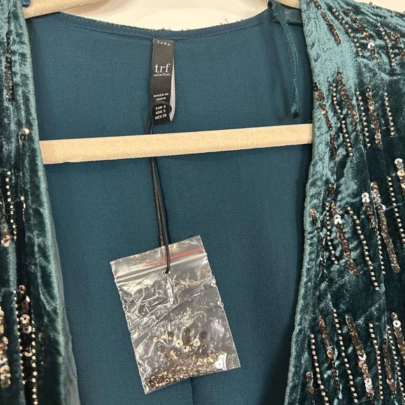 ZARA Trf Collection Velvet Beaded Wrap Mini Dress Turquoise Blue Party Formal S - Picture 4 of 13